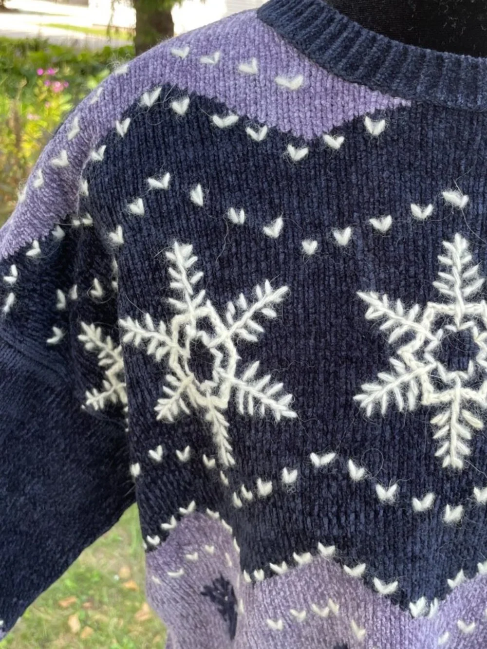 Vintage 90s Sweater Chenille Holiday Snowflake Purple XL Hand Embroidered Soft